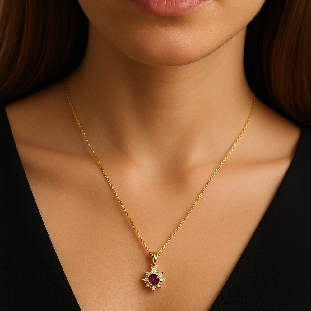 Amethyst pendant necklace dainty gold link chain floral design 18”